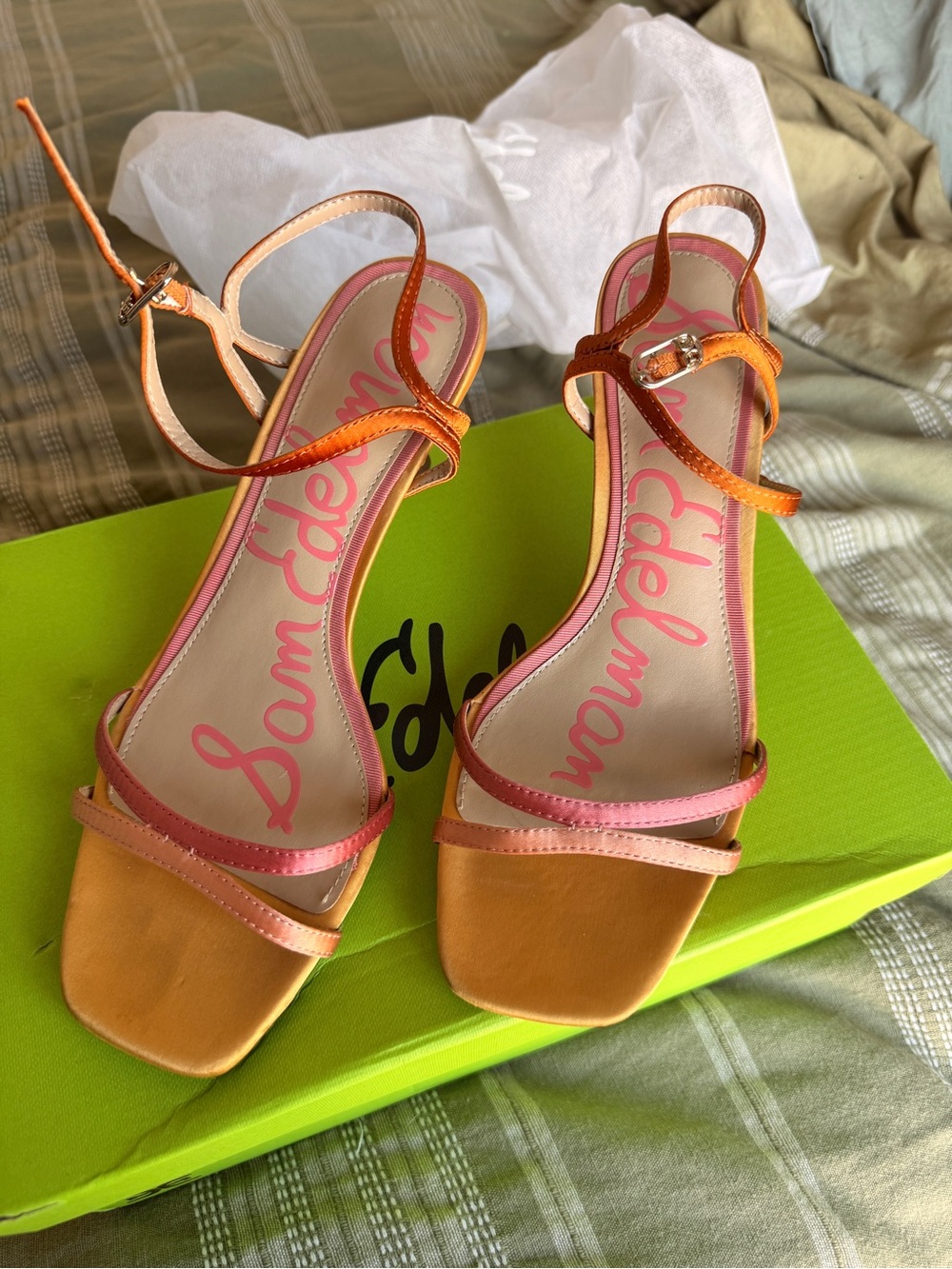 Sam Edelman Presley satin Ankle Strap Kitten heels Pink/Orange - Picture 8 of 9